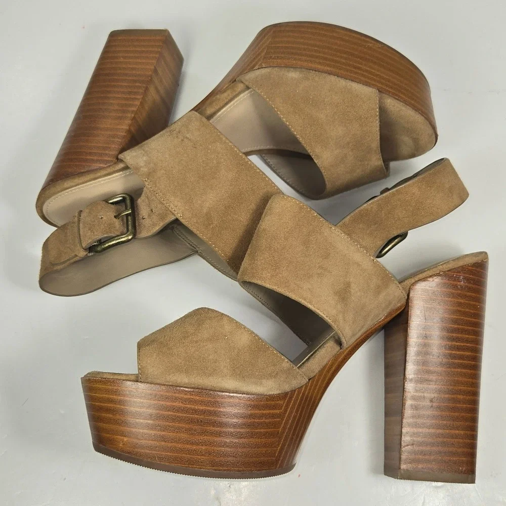 Aldo Tan Suede Platform Sandals Wood Grain Block‎ Heel Womens 7.5 Brass Buckle